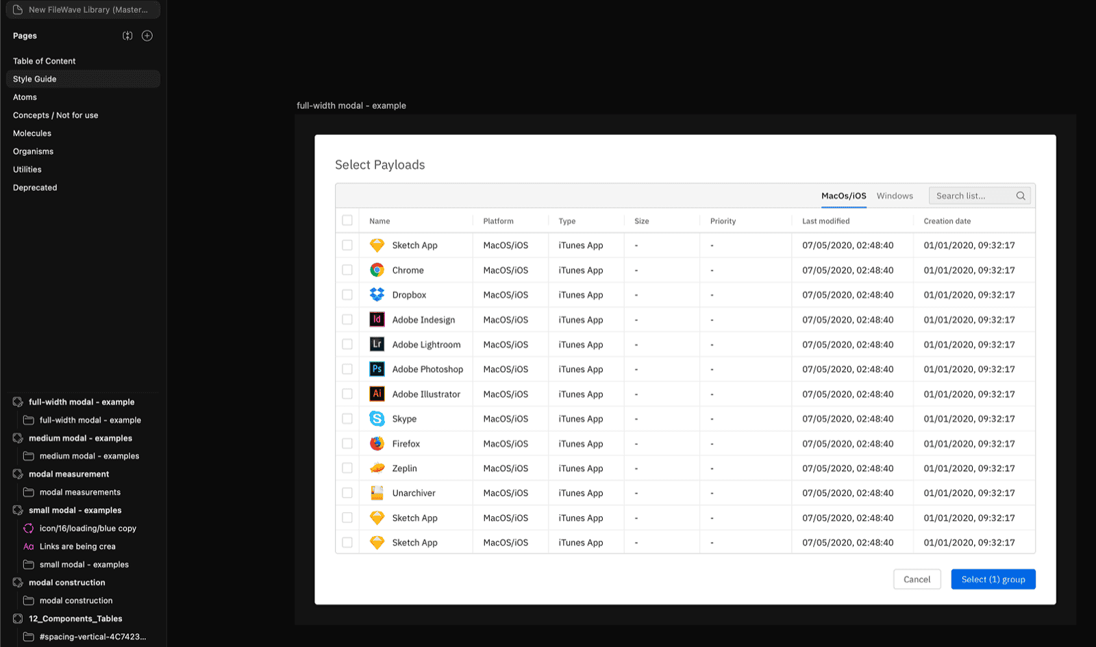 Component library example — modal component in Figma