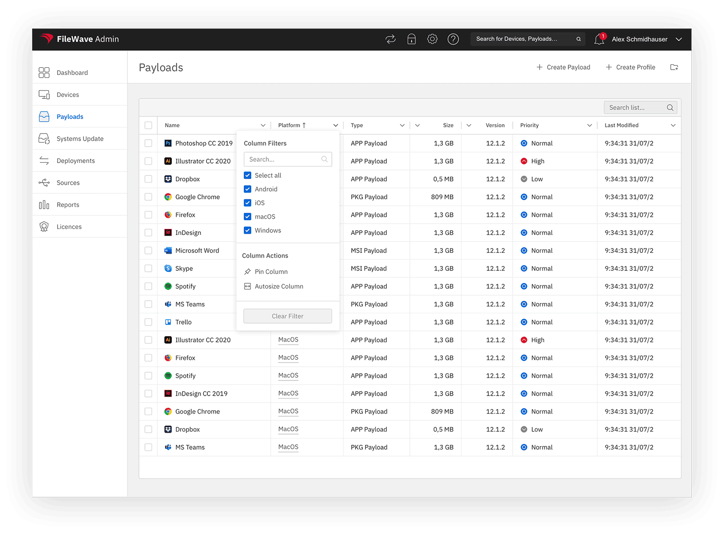 FileWave Workspaces — Payloads product UI